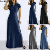 Spring Summer Women Loose Denim Vintage Button Pocket Befree Dress Long Short Sleeve Summer Party Elegant Maxi Dresses
