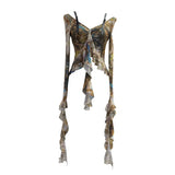 Fongt Retro Oil Painting Wind Dyed Lotus Leaf Side Sling T-Shirts Long Sleeves Drifting Coat 2658