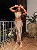 Fongt Spring And Summer Fashion Shell Esbead Hanging Neck Strap Sexy Body Butt Adjustable Long Skirt LX0135