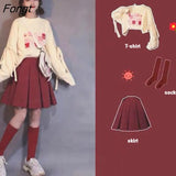 Winter Two Pieces Sets Women Japanese Loose Hoodies+Plaid Skirt Preppy Style Dress Set