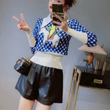 Puff Sleeve Retro Acrylic Cat Horse Embroidery Sweaters Slim Crop Top Elegant Women Streetwear Kawaii Clothes Winter