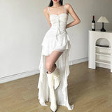 Fongt Summer Women's Solid Color Slim High Waist Fashion One Word Collar Halter Dress-Outfit