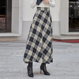 Fongt Autumn Lady High-Rise Thin Lattice A-Shaped Skirt Party Casual Loose Swing Umbrella Skirt