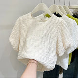 Women Sweet Round Neck Puff Sleeves Blouses Korean Chic Loose Lantern Sleeve