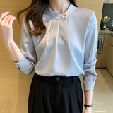 Fongt New Autumn New Professional Shirt Female Design Sense Niche Korean Version Long Sleeve Satin Chiffon Top Female-Outfit