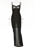 See Through Black Maxi Dress Spaghetti Strap Back Split Long Summer Dress 2023 Sexy Backless Women's Dresses for