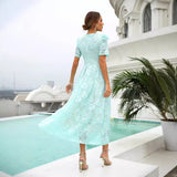 Fongt New Dress Spring Lace Mid-Swear Temper Commuting High-Waisted Green V-Neck