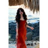 Fongt Holiday Style Temperament Sexy Irregular Dress Red Ribbon Bag Hip Dress