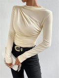 Fongt Solid Color Trim Bottom Shirt Folding Design Long-Sleeved T-Shirt Lady Top