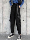 Punk Women Black Cargo Pants With Chain Gothic Hippie Joggers Techwear Loose High Waist Wide Trousers Female Mall