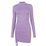Fongt 2024 New Women's Solid Color High Neck Long Sleeve Pleated Lace Super Short Dress-Outfit