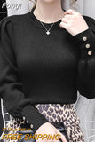 Autumn Round Neck Puff Sleeve Chic Knitted Pullovers for Women Elegant Fashion Button Sweaters Bottoming Shirt Korean