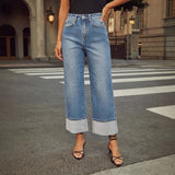 Fongt 2025 New Elastic Straight Jeans Women's Quality Retro Curly Waist Trousers