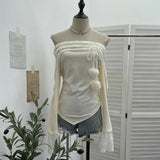 Fongt Shooting Merard Wind Strapted Bow Splicing Lace Pure Desire Blouse Folding Body Short Blouse 6015