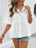 Fongt Summer New Collar Hollow Embroidered Women's Short-Sleeved Shirt French Casual Personality Niche Top