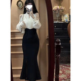 Fongt And Autumn 2025 New Hanging Neck Open Shoulder Design Long-Sleeved Top Temperament High-Waisted Fishtail Dress Fashion Suit Woman