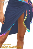 Women Beach Sarongs, Sexy Sheer Mesh Swimsuit Wrap Skirt Bikini Cover Up with Colorful Pompom Tassel Summer