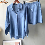 Retro Large Size 2023 Summer Cotton and Linen Shirt Suit High Waist Loose Shorts Two Peice Set for Women Matching