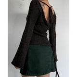 Fongt And Summer 2025 New Women's Temperamental Horn Sleeve Knitted Top With Sexy Bare Back Sweater