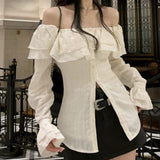 Neck Shirts Women Streetwear Ruffles Flare Long Sleeve Slim Blouses Office Lady Korean Elegant Off Shoulder Casual Tops-Outfit