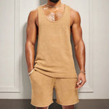 Fongt Men's Fan Men's Summer Knitted Two-Sleeve Leisure Hair Weaving Vest Set