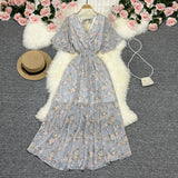 Fongt Wind Temperament Sweet Broken Flower V Collar Dress Beach Vacation Snow Spinning A Word Long Skirt-Outfit