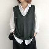 Fongt Spring 2024 V-Neck Sleeveless Loose Vest New Literary Knit Vest Pure Color Wisp Empty Women Fold Wear Jacket-Outfit
