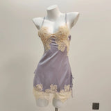 Fongt New Ice Silk Sexy Pajamas Pure High-End Small Breast Hollow Lace Sling Aja Skirt Homewear
