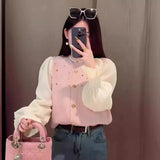 Pink Small Fragrant Style Spliced Knitted Cardigan Spring Dress Women's 2024 New Fashionable Foreign-Style Long-Sleeved Blouse-Outfit