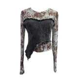 Fongt Shooting Tie-Dye Print Spliced Denim T-Shirt Girl Autumn Design Sense Irregular Hair Side Short-Sleeved Top 2617