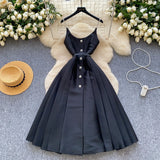 Fongt Luxury Thousand Gold Wind High-End Sling Dress Women's Summer Folding Waist Thin Design Geese Temperament Dress