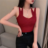 Fongt Two Sexy Knitted Slings Small Vest Women Autumn New Sexy Tight Breasts Hanging Sleeveless