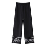 Fongt Summer New Women's Collar Short-Sleeved Embroidered Shirt Tight High-Rise Straight Trouser Set High-Waist Design