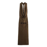 Fongt Summer New Women's Sexy Back Repair Metal Foil Hanging Neck Dress