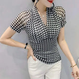Sexy Slim Houndstooth Pullovers All-match Stylish Patchwork Casual 2023 Female Clothing Elegant V-Neck Commute T-shirt-Outfit