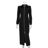 Fongt Women's 2023 New Cardigan Wrapped Hip Long Skirt Fashion Lapel Zipper Long Sleeve Black Dress-Outfit
