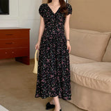 Fongt Chic Summer French Elegant V Collar Fold Feeling Waist Show Thin Long Broken Flower Platycodon Dress Female-Outfit