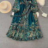Fongt Court Lantern Long Sleeve V-Neck Belt With A Word Print Dress Elegant Swing Dress Long