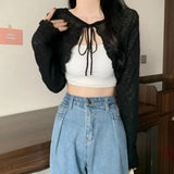 Short Cardigan Women Long Sleeve Thin Open Stitch Knitted Sweater Shirts Female Solid Shawl-Outfit