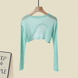 Women Summer Two Pieces Set Korean Knitted Hollow Out Irregular Sunscreen Top And Ruffles Patchwork Chiffon Dress