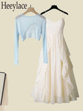 Women Summer Two Pieces Set Korean Knitted Hollow Out Irregular Sunscreen Top And Ruffles Patchwork Chiffon Dress