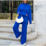 Fongt New Hot Pure Color Knitted Jacket High-Collar Sweater Set Loose Top + Pants Women