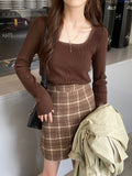 Sweater 2023 Early Autumn New Thin Sweater Short Sweater With Square Collar And Long Sleeves Inside-Outfit