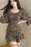 Women Trendy Folds Vintage Puff Sleeve Slim Square Collar Popular Leopard All-match Sexy Ladies Vestidos Harajuku