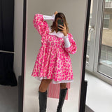 Fongt Spring New Dress Fashion Long Sleeve High Waist Print A-Line Skirt Doll Collar Fluffy Skirt-Outfit
