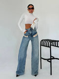 Fongt New Cool Trend Splicing Jeans Women High Waist Thin Classic Design Straight Broad Legs