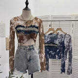 Fongt Shooting Hottie Perspective Dye Mesh Spliced Denim Long-Sleeved Shirt T-Shirt T-Shirt 26121