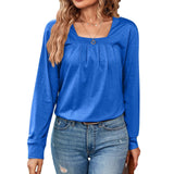 2023 New Casual Square Collar Pure Color Pleated Long-Sleeved Top T-Shirt Women-Outfit