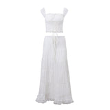 Fongt New Women's French Square Collar Sling Top With Lace Patchwork Skirt Holiday Style Suit
