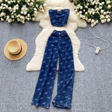 Fongt Style Metal Buckle Printing Design Chest Vest + High Waist Lanky Pants Cowboy Suit